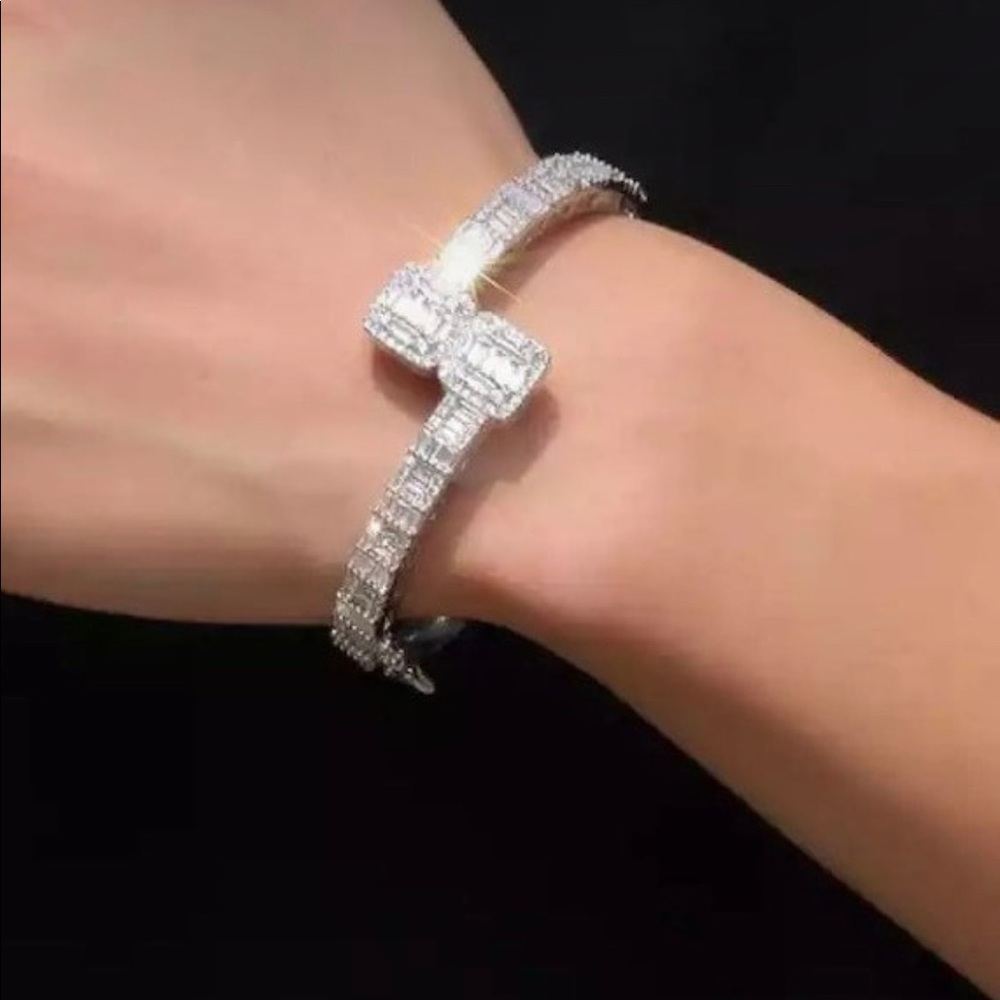 Silver Open Square Silver Rhinestone Bangle, Bagu… - image 1